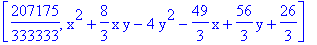 [207175/333333, x^2+8/3*x*y-4*y^2-49/3*x+56/3*y+26/3]